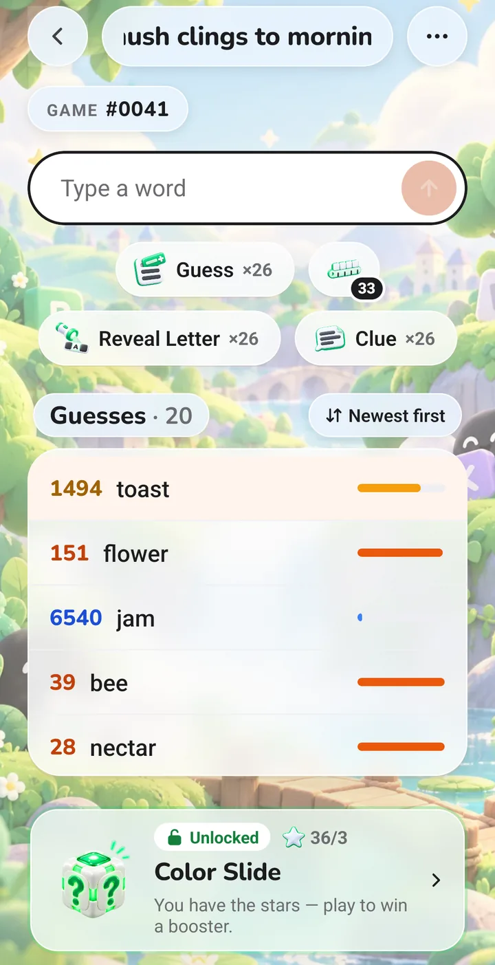 Wordvore on a phone: a clue on top, the guesses ranked by how close they are, from 28 for nectar to 6540 for jam