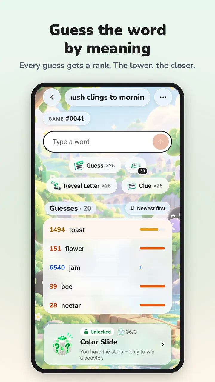 Guess the word by meaning: the game screen with ranked guesses
