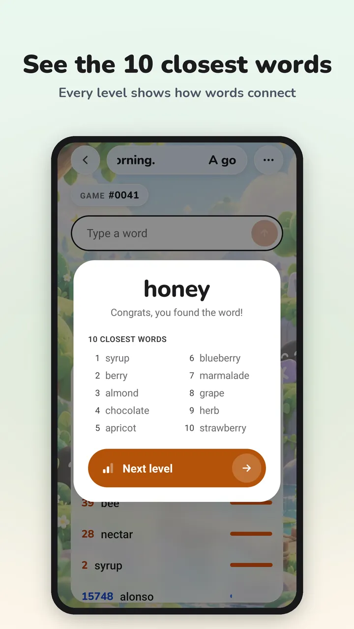 The solved window with the 10 closest words