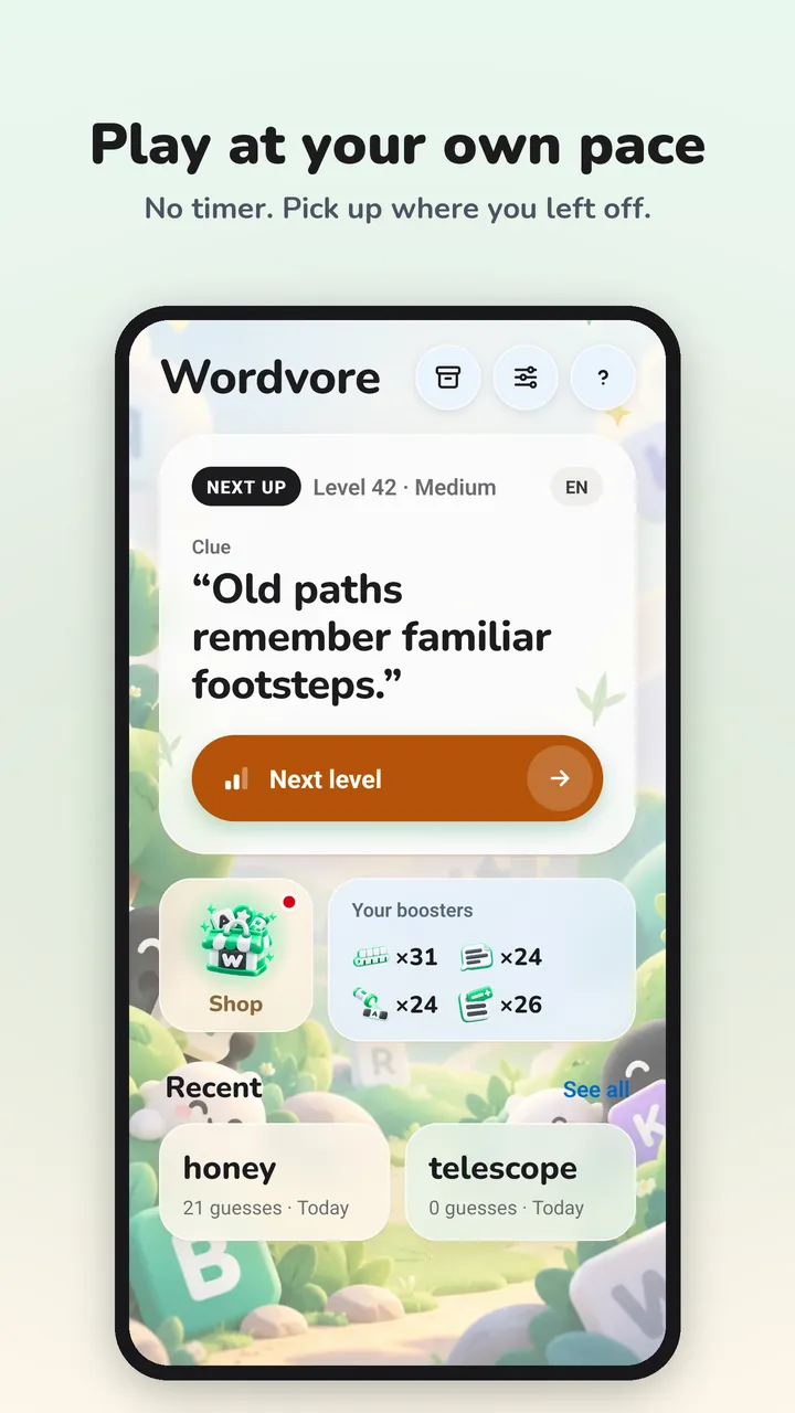The home screen with the next level
