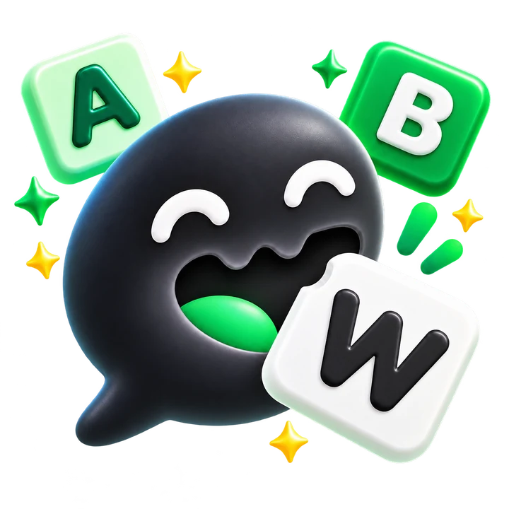 The Wordvore mascot, a happy black speech bubble eating a letter tile